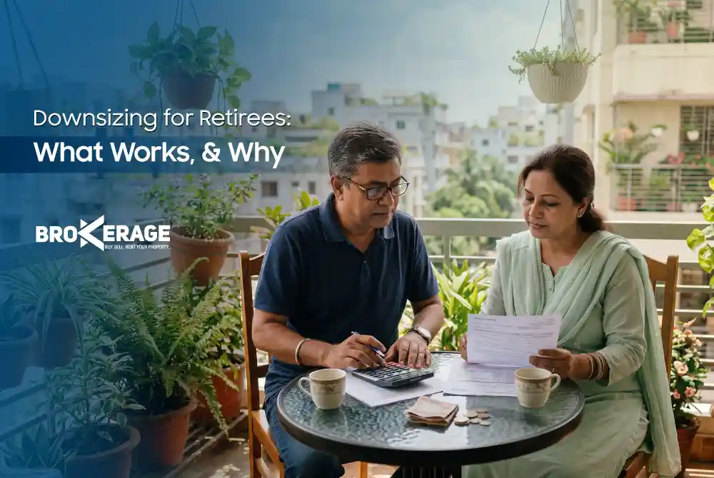 Older couple reviewing financial documents on a balcony, highlighting real estate tips for retirees planning a transition.